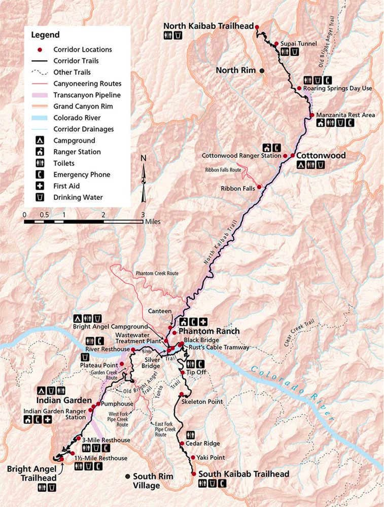 Grand Canyon map overview with amenities and legends